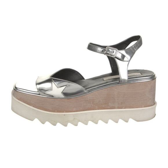 STELLA MCCARTNEY SHOES ELYSE STAR WOOD PLATFORM SANDALS SILVER Size 10.5 EU 41 - Picture 3 of 5